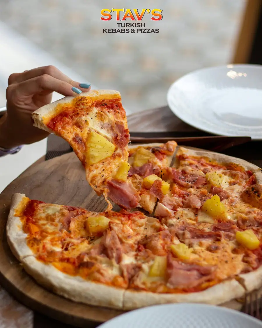 Hawaiian pizza served at Stavs Kebab House Restaurant in Boness